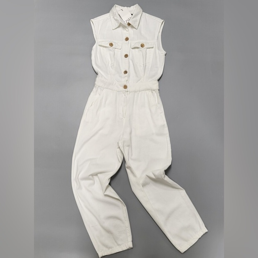 ZARA Cotton White Sleeveless Barrel Let Utility Jumpsuit • XL NWT - Picture 3 of 11